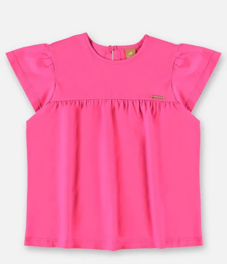 Blusa Infantil Manga Curta em Meia Malha Rosa Neon