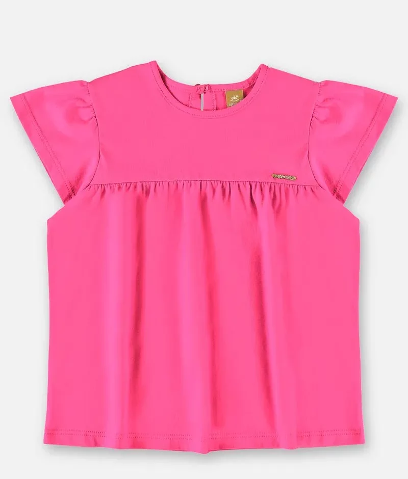 Blusa Infantil Manga Curta em Meia Malha Rosa Neon