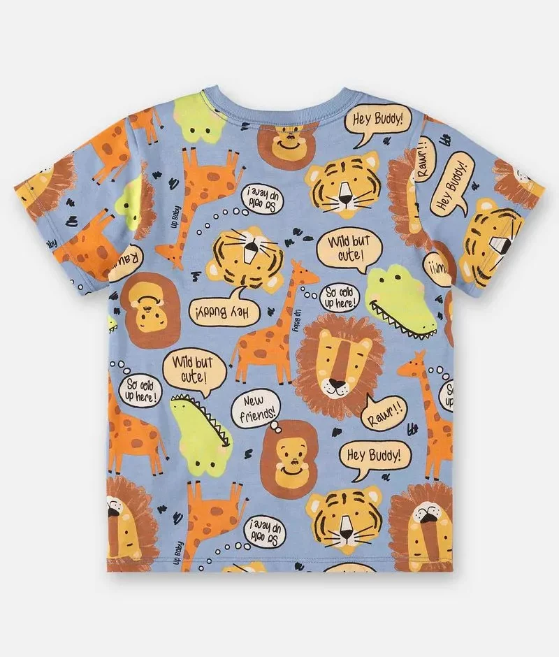 Camiseta Infantil Masculina Manga Curta Meia Malha Azul Estampada Fernanda Ramos Kids
