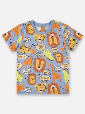 Camiseta Infantil Masculina Manga Curta Meia Malha Azul Estampada Fernanda Ramos Kids