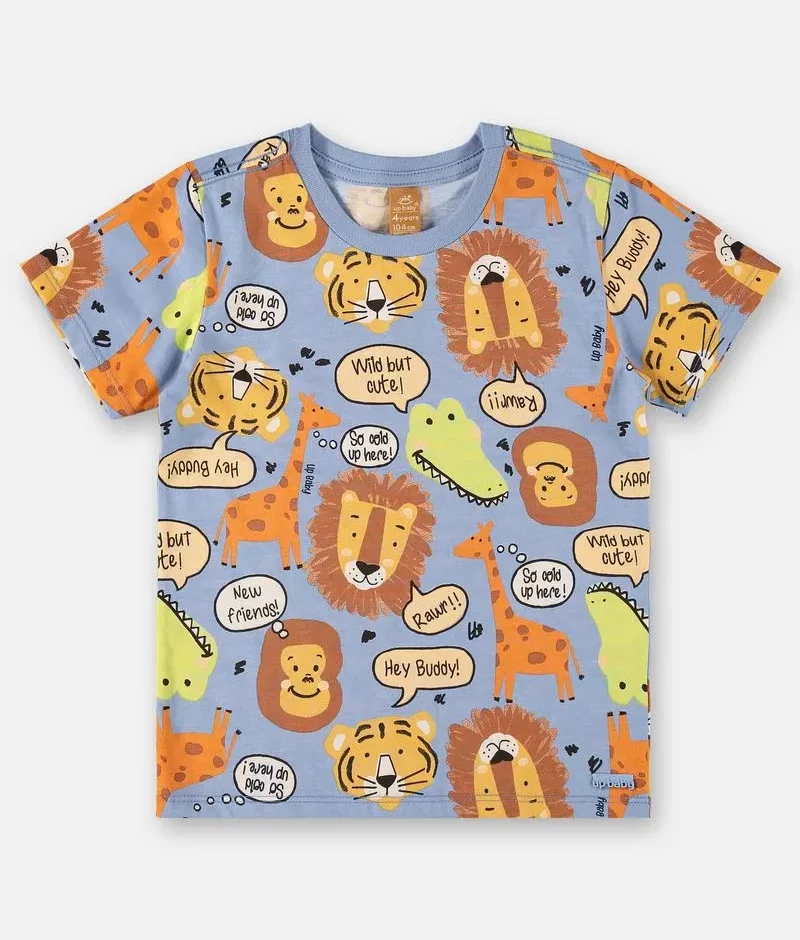Camiseta Infantil Masculina Manga Curta Meia Malha Azul Estampada Fernanda Ramos Kids