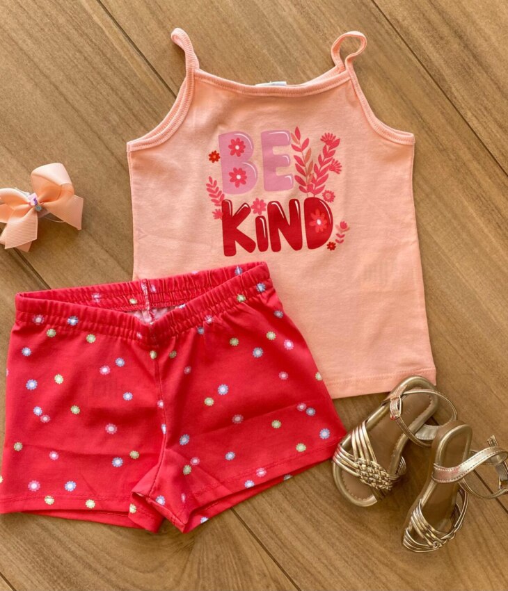 Conjunto Infantil Feminino Be Kind Regata Rosa e Short Estampado Fernanda Ramos Kids