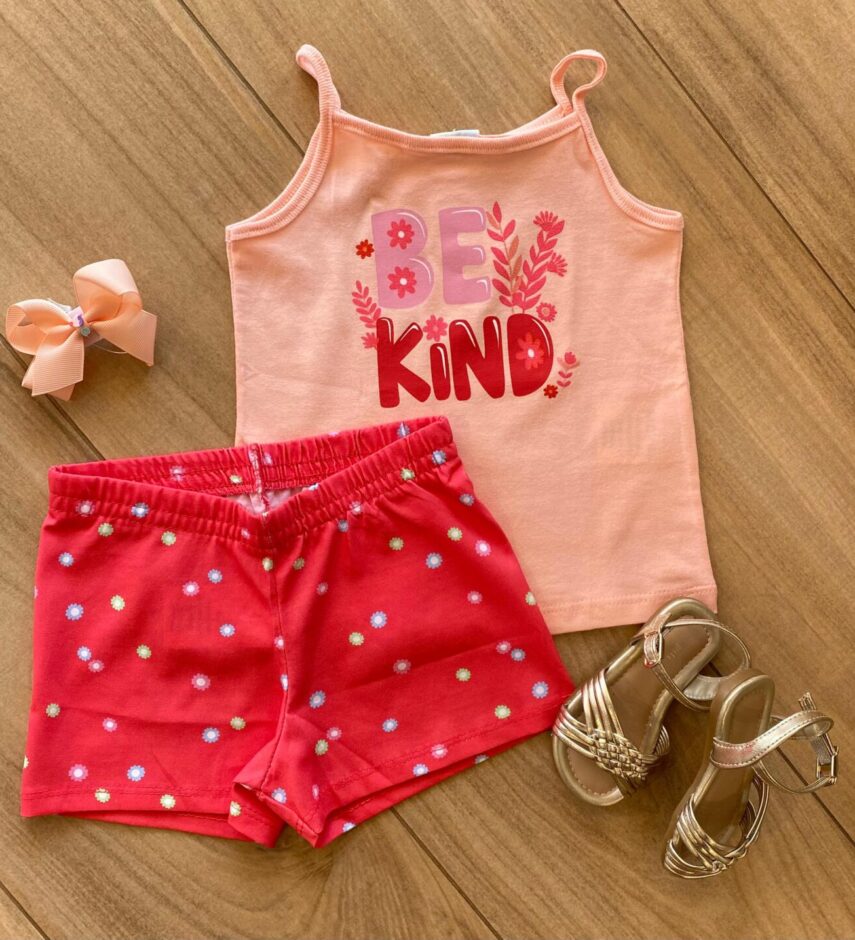 Conjunto Infantil Feminino Be Kind Regata Rosa e Short Estampado Fernanda Ramos Kids