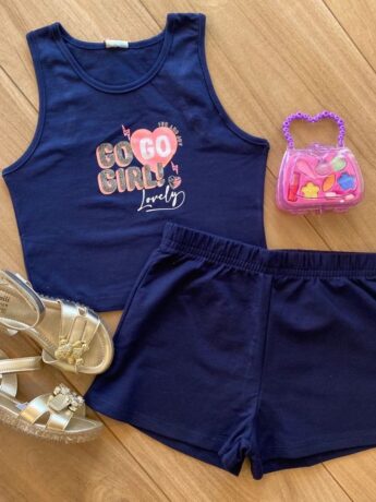 Conjunto Infantil Feminino Blusa Cropped e Short Azul Marinho Fernanda Ramos Kids