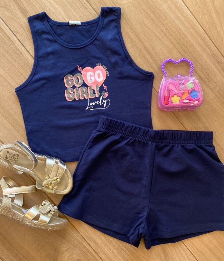 Conjunto Infantil Feminino Blusa Cropped e Short Azul Marinho Fernanda Ramos Kids