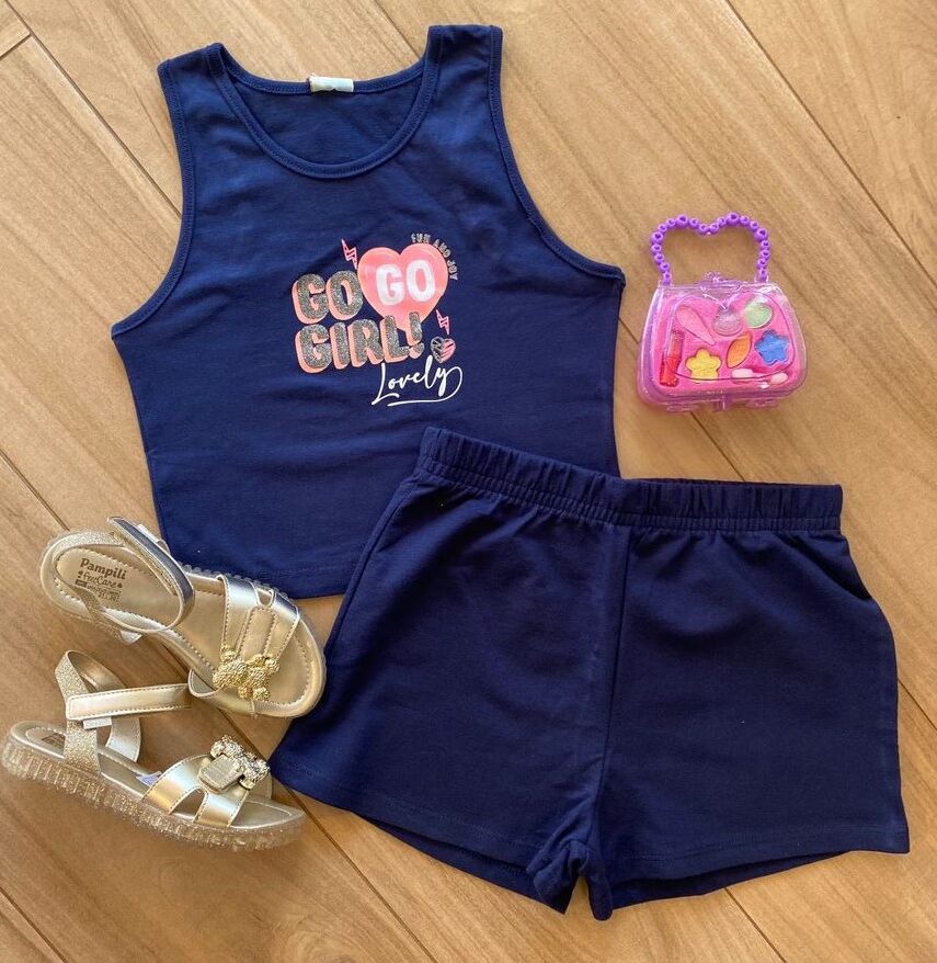 Conjunto Infantil Feminino Blusa Cropped e Short Azul Marinho Fernanda Ramos Kids