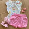 Conjunto Infantil Feminino Blusa Off White Estampada e Short Rosa Fernanda Ramos Kids