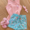 Conjunto Infantil Feminino Regata Rosa e Short Verde Água Estampado Fernanda Ramos Kids