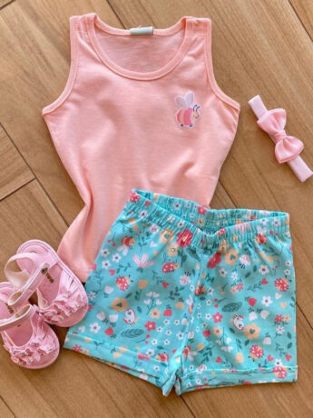 Conjunto Infantil Feminino Regata Rosa e Short Verde Água Estampado Fernanda Ramos Kids