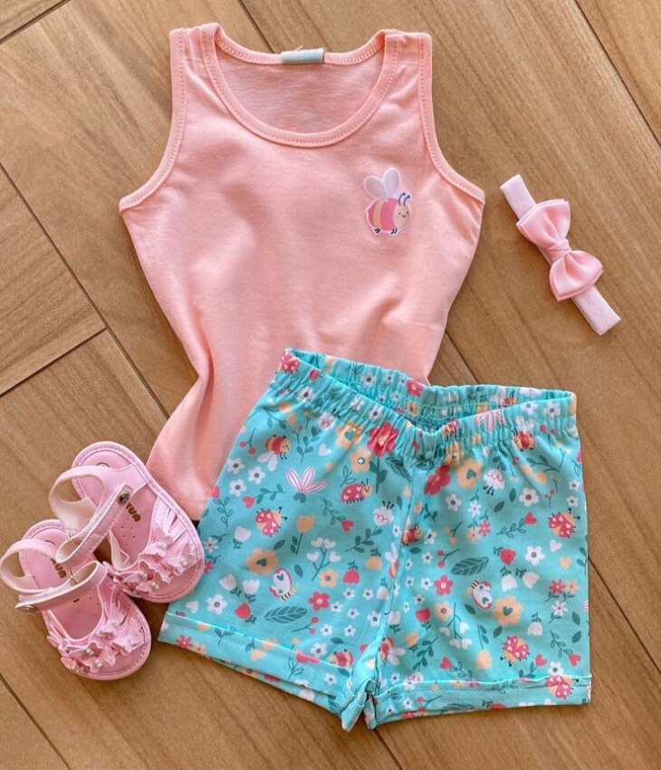 Conjunto Infantil Feminino Regata Rosa e Short Verde Água Estampado Fernanda Ramos Kids