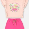 Conjunto Infantil Feminino Rosa Blusa Manga Babado Estampada e Short Fernanda Ramos Kids