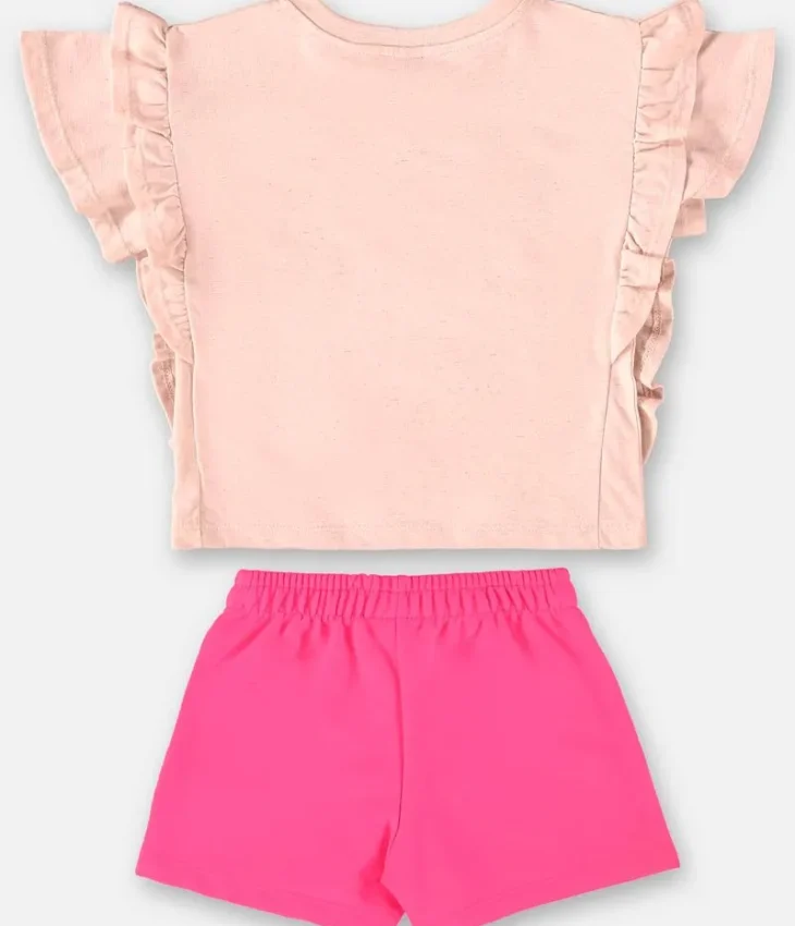fernandaramoskids com br Conjunto Infantil Feminino Rosa Blusa Manga Babado Estampada e Short3