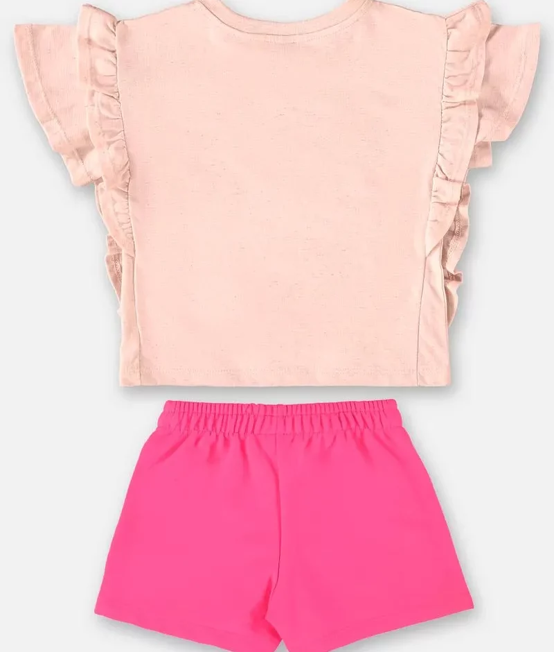 fernandaramoskids com br Conjunto Infantil Feminino Rosa Blusa Manga Babado Estampada e Short3