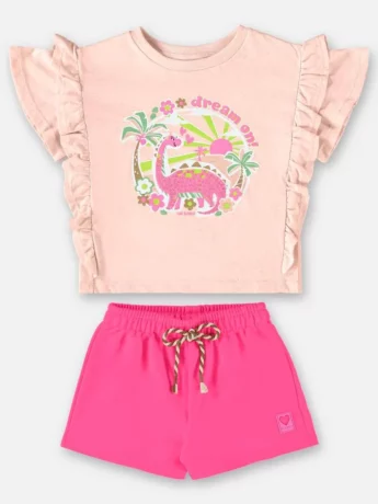 Conjunto Infantil Feminino Rosa Blusa Manga Babado Estampada e Short Fernanda Ramos Kids
