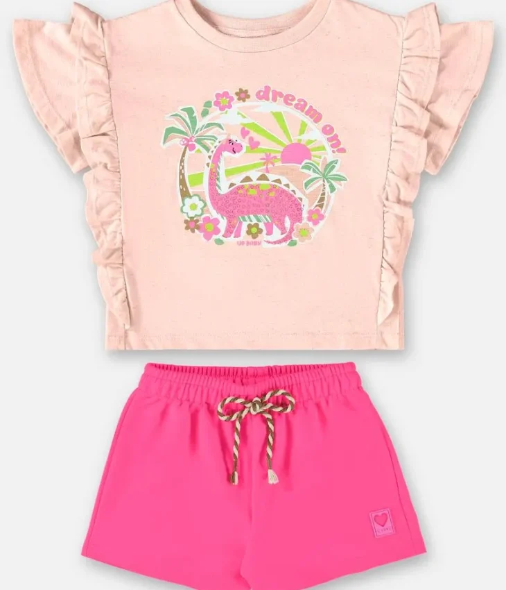 Conjunto Infantil Feminino Rosa Blusa Manga Babado Estampada e Short Fernanda Ramos Kids