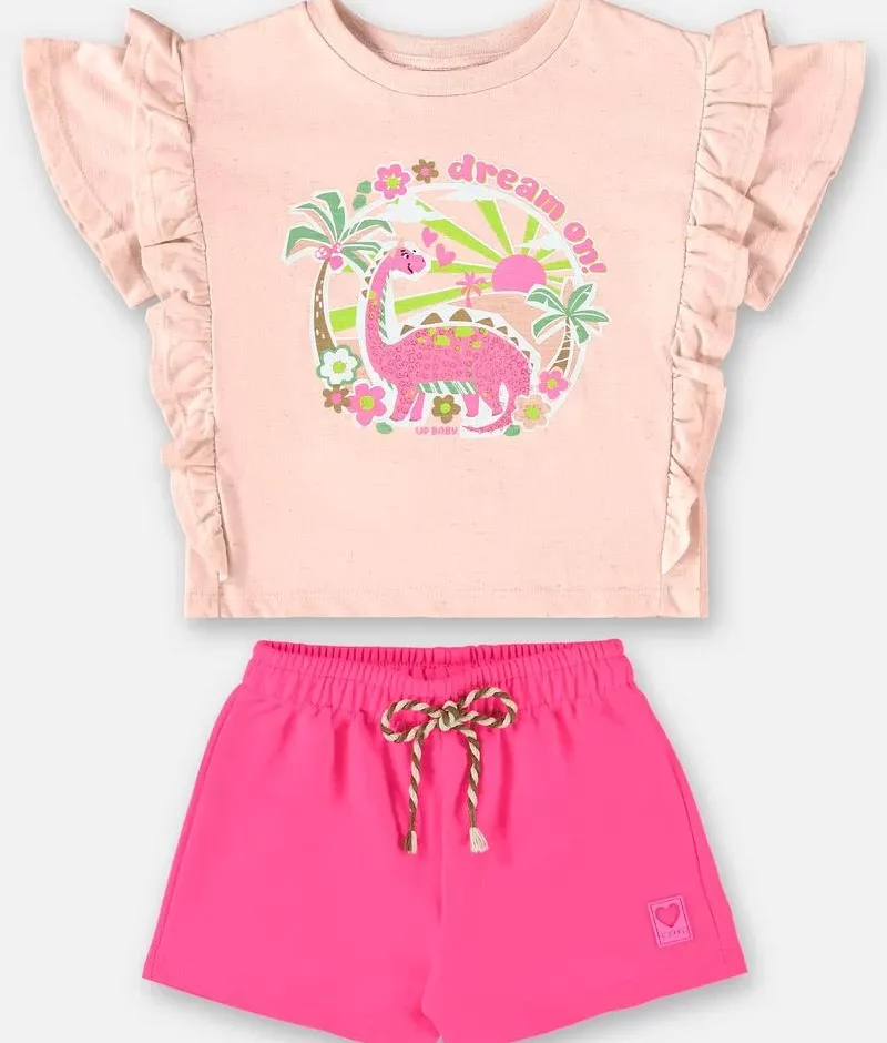 Conjunto Infantil Feminino Rosa Blusa Manga Babado Estampada e Short Fernanda Ramos Kids