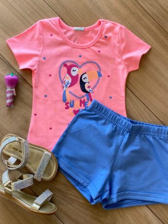 Conjunto Infantil Feminino Summer Love Blusa Rosa e Short Azul Fernanda Ramos Kids