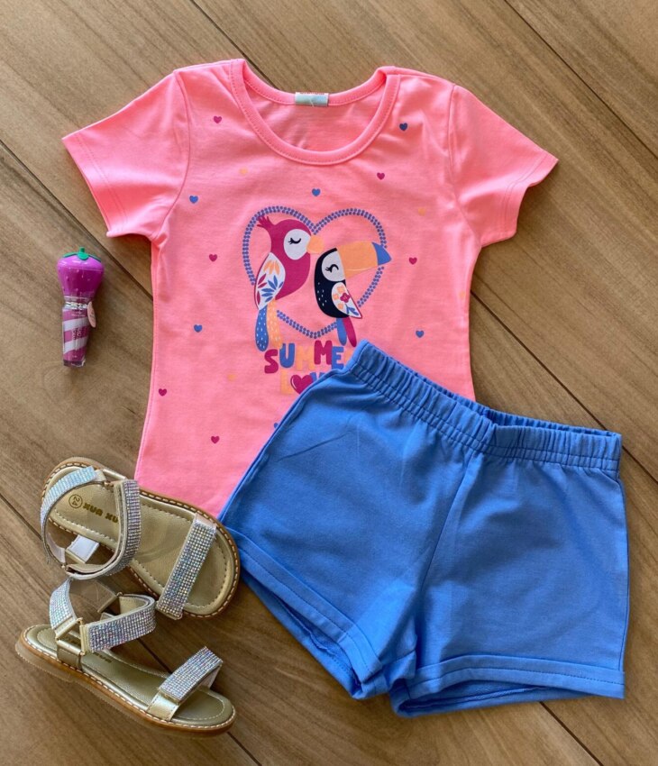 Conjunto Infantil Feminino Summer Love Blusa Rosa e Short Azul Fernanda Ramos Kids
