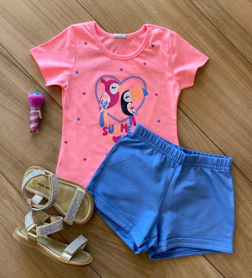 Conjunto Infantil Feminino Summer Love Blusa Rosa e Short Azul Fernanda Ramos Kids