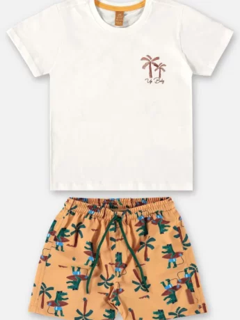 Conjunto Infantil Masculino Camiseta Off White e Bermuda Estampada Fernanda Ramos Kids