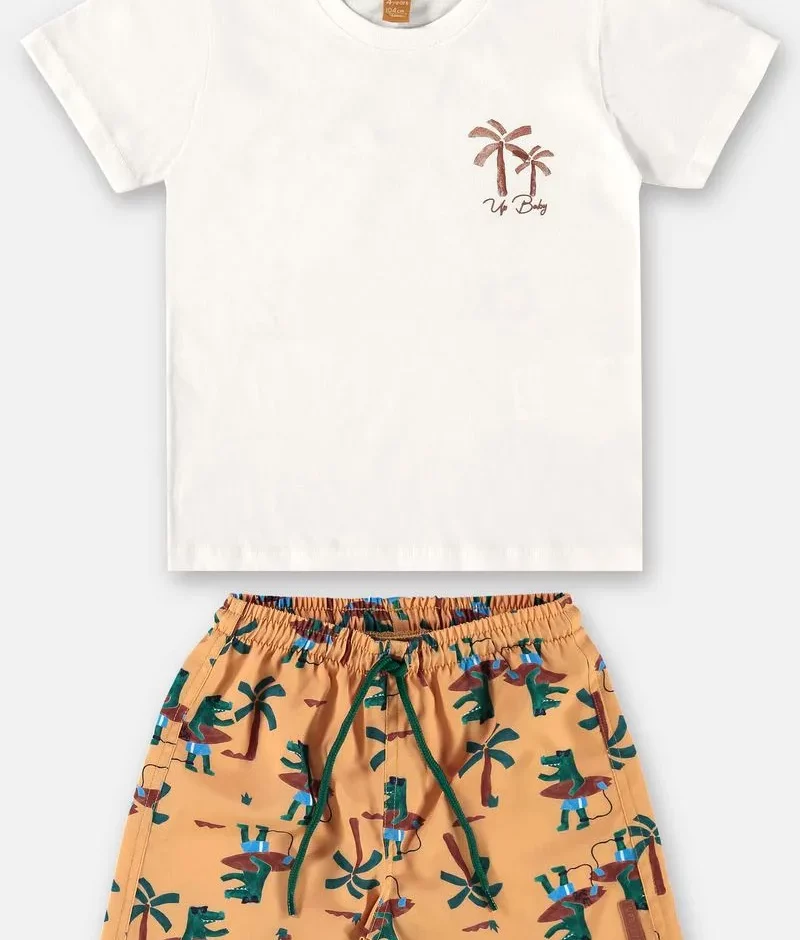 Conjunto Infantil Masculino Camiseta Off White e Bermuda Estampada Fernanda Ramos Kids