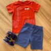 Conjunto Infantil Masculino Dino Camiseta Vermelha e Bermuda Azul Fernanda Ramos Kids