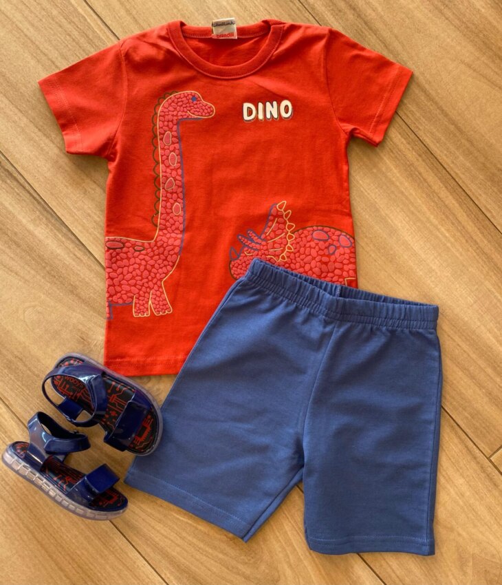 Conjunto Infantil Masculino Dino Camiseta Vermelha e Bermuda Azul Fernanda Ramos Kids