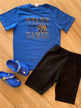 Conjunto Infantil Masculino Start Camiseta Azul e Bermuda Preta Fernanda Ramos Kids
