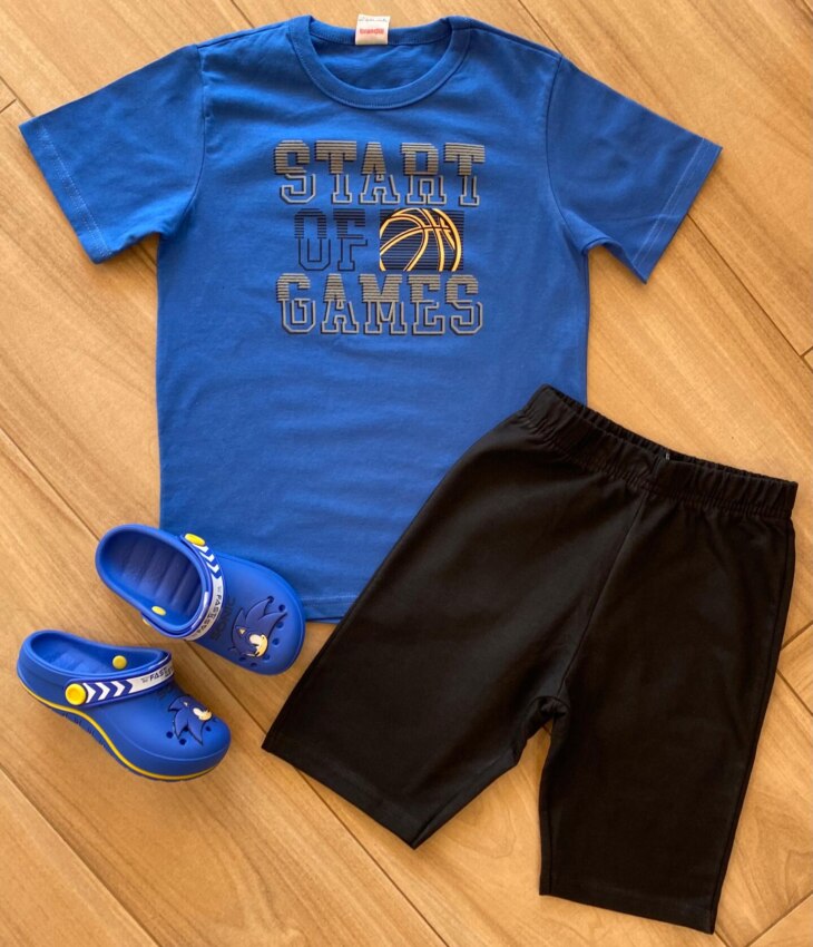 Conjunto Infantil Masculino Start Camiseta Azul e Bermuda Preta Fernanda Ramos Kids
