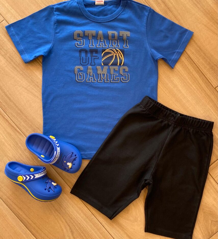 Conjunto Infantil Masculino Start Camiseta Azul e Bermuda Preta Fernanda Ramos Kids