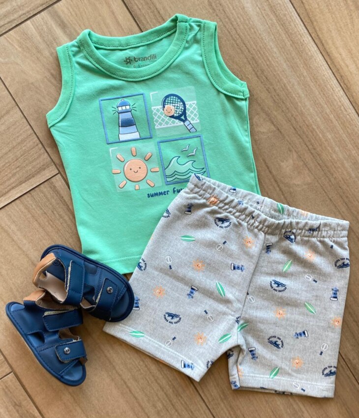 Conjunto Infantil Masculino Summer Regata Verde e Bermuda Estampada Fernanda Ramos Kids