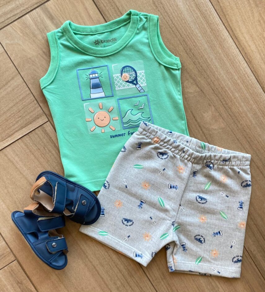 Conjunto Infantil Masculino Summer Regata Verde e Bermuda Estampada Fernanda Ramos Kids