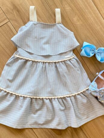 Vestido Infantil Feminino Azul Listrado com Detalhe em Crochê Fernanda Ramos Kids