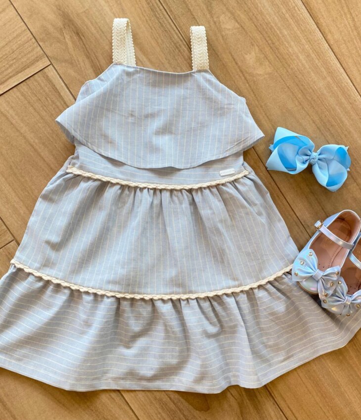 Vestido Infantil Feminino Azul Listrado com Detalhe em Crochê Fernanda Ramos Kids
