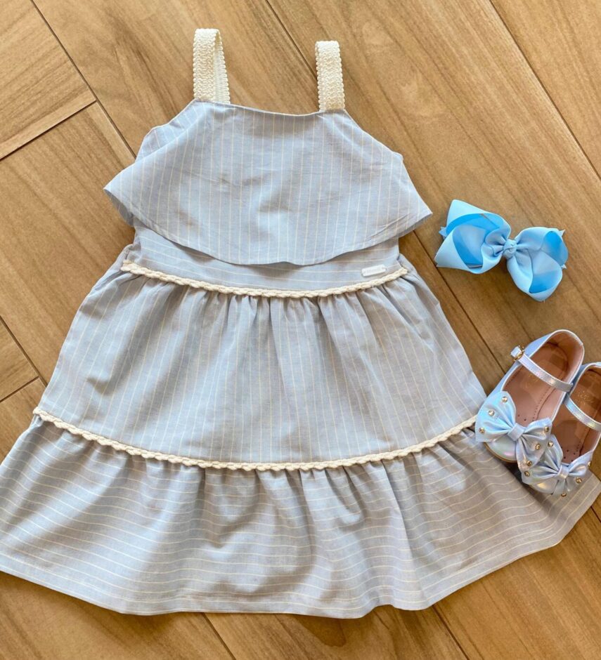 Vestido Infantil Feminino Azul Listrado com Detalhe em Crochê Fernanda Ramos Kids