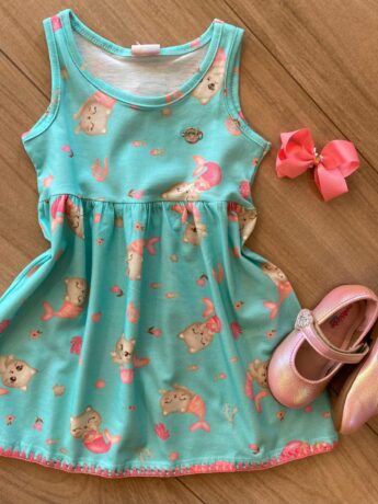 Vestido Infantil Feminino em Meia Malha Verde Água Estampado Fernanda Ramos Kids