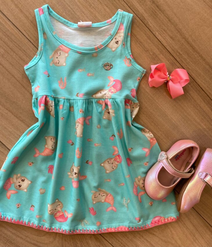 Vestido Infantil Feminino em Meia Malha Verde Água Estampado Fernanda Ramos Kids