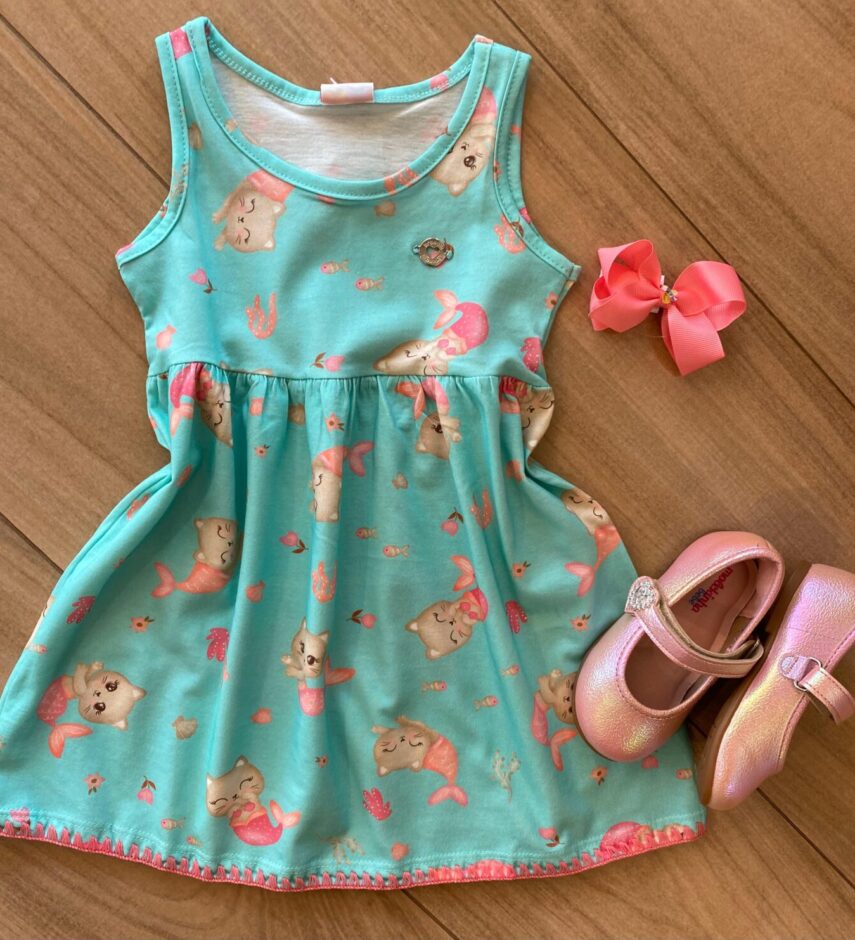 Vestido Infantil Feminino em Meia Malha Verde Água Estampado Fernanda Ramos Kids