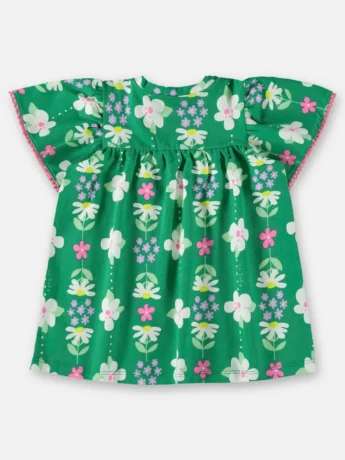 Vestido Infantil Feminino Manga Curta em Cotton Verde Estampado Fernanda Ramos Kids