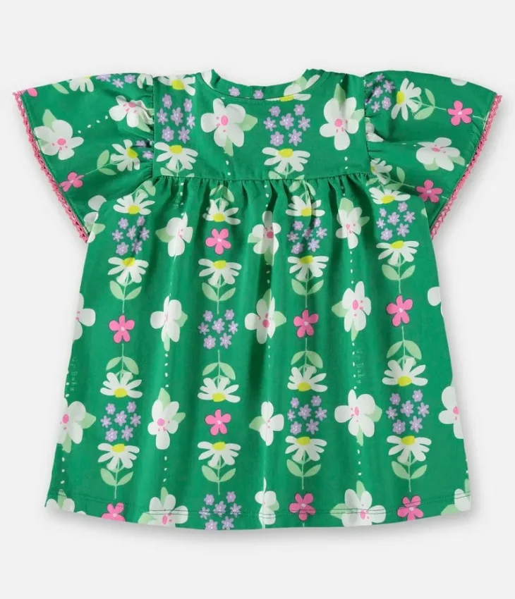 Vestido Infantil Feminino Manga Curta em Cotton Verde Estampado Fernanda Ramos Kids