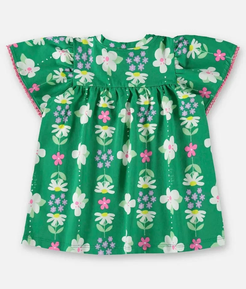 Vestido Infantil Feminino Manga Curta em Cotton Verde Estampado Fernanda Ramos Kids