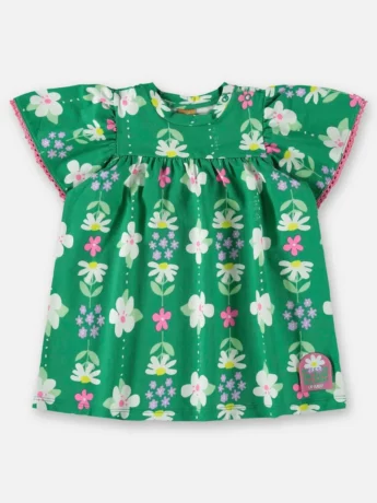 Vestido Infantil Feminino Manga Curta em Cotton Verde Estampado Fernanda Ramos Kids