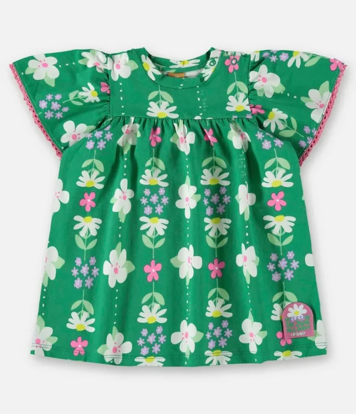 Vestido Infantil Feminino Manga Curta em Cotton Verde Estampado Fernanda Ramos Kids