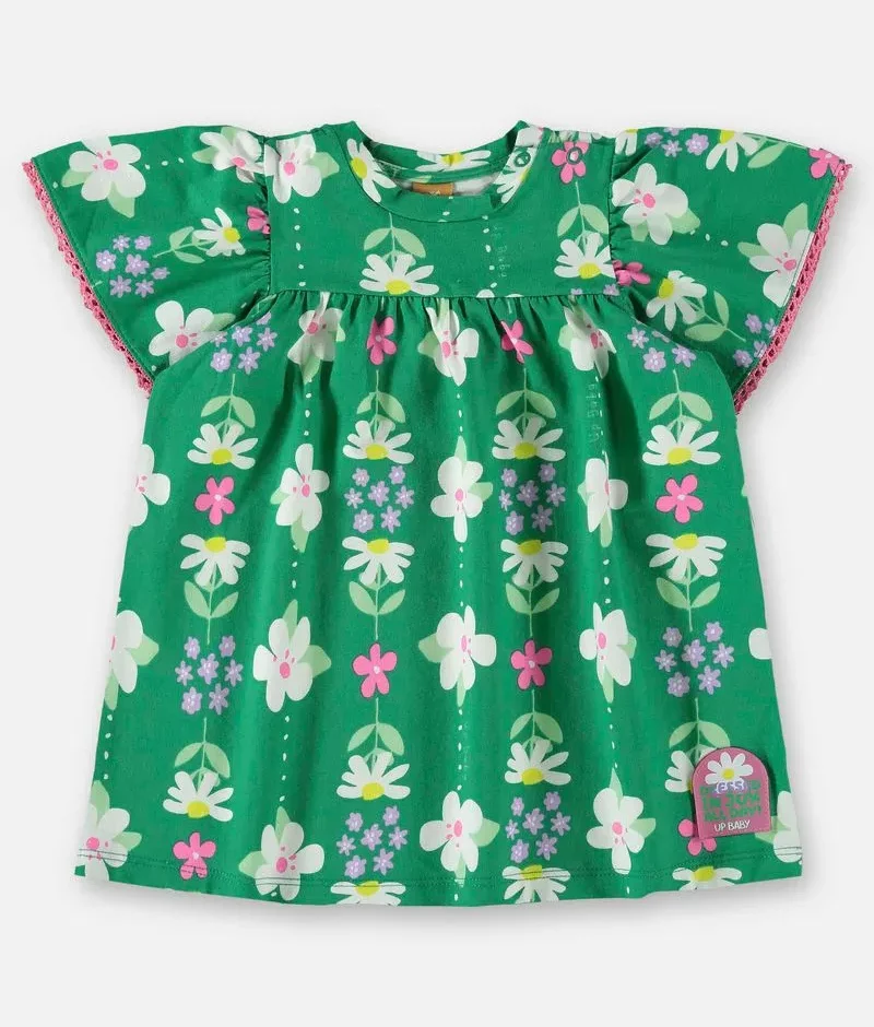 Vestido Infantil Feminino Manga Curta em Cotton Verde Estampado Fernanda Ramos Kids