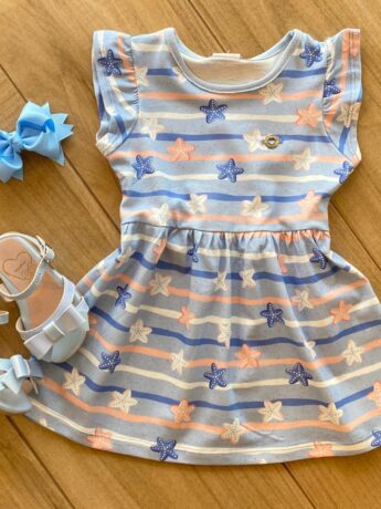Vestido Infantil Feminino Manga Curta Meia Malha Azul Estampado Fernanda Ramos Kids
