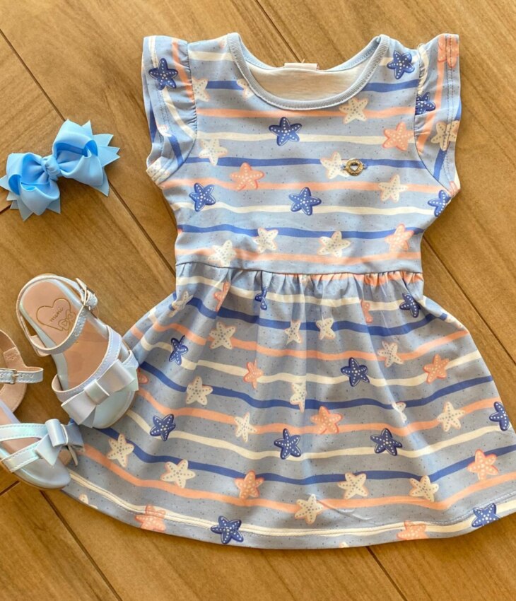 Vestido Infantil Feminino Manga Curta Meia Malha Azul Estampado Fernanda Ramos Kids