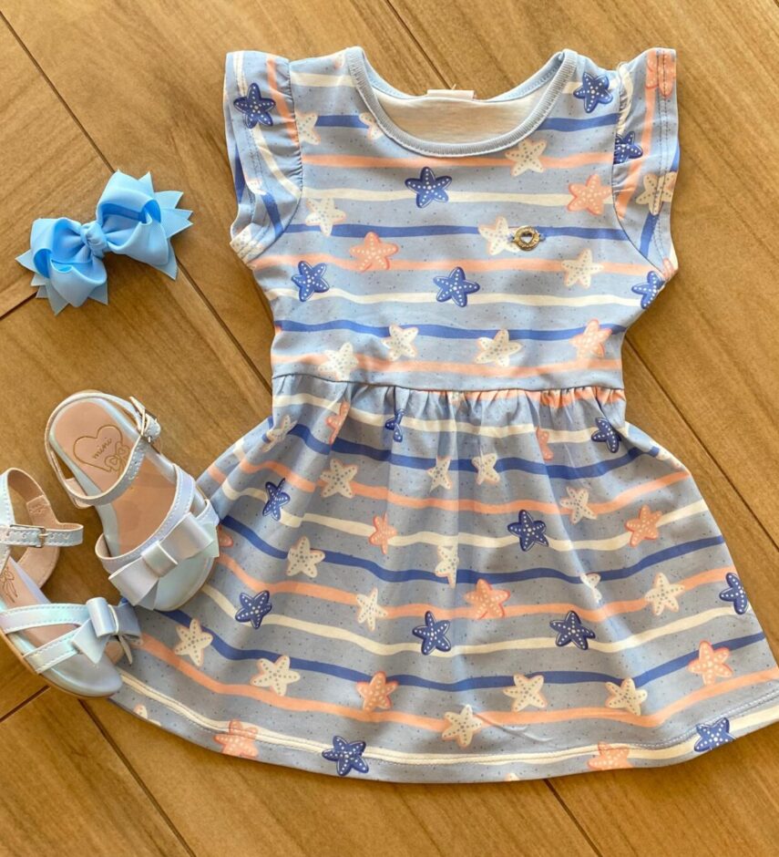 Vestido Infantil Feminino Manga Curta Meia Malha Azul Estampado Fernanda Ramos Kids
