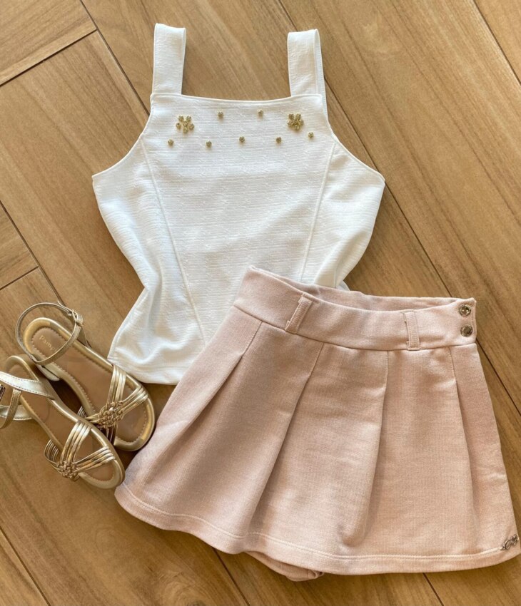 Conjunto Feminino Infantil Blusa Off White e Short Saia Lurex Rosé Fernanda Ramos Kids