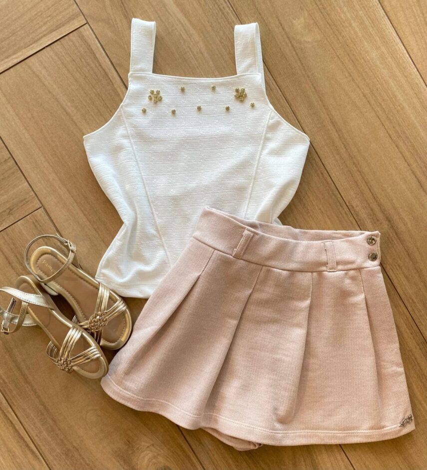 Conjunto Feminino Infantil Blusa Off White e Short Saia Lurex Rosé Fernanda Ramos Kids