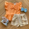 Conjunto Infantil Feminino Blusa Bata Laranja e Short Listrado Fernanda Ramos Kids